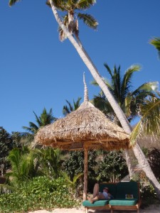 the thatched umbrella and lounge chairs in front of our bure the thatched umbrella and lounge chairs in front of our bure